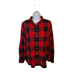 Tommy Hilfiger Womens Sz Lg Tartan Plaid Flannel Long Sleeve Shirt Red Black